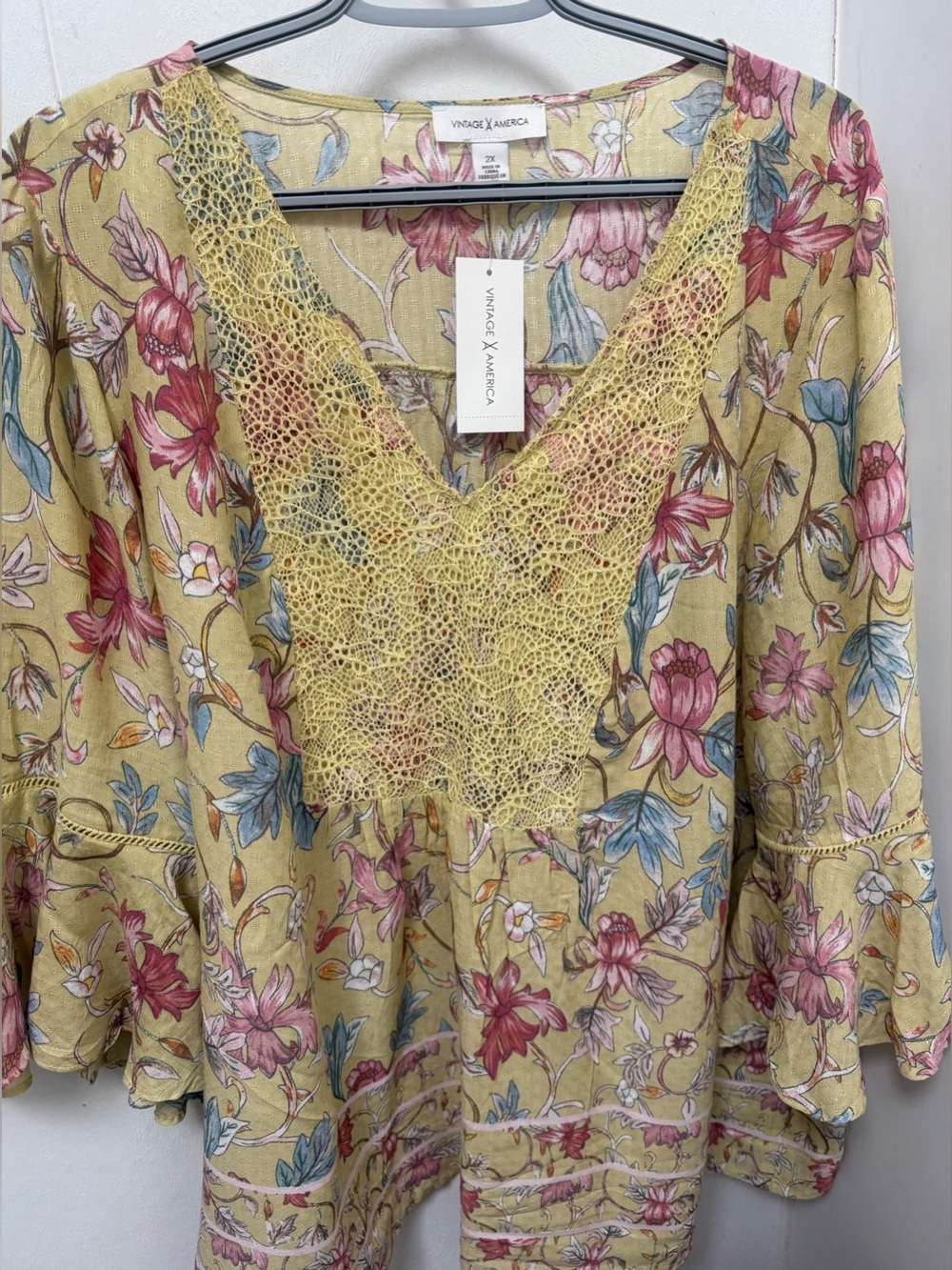 Vintage America Yellow Floral Crochet Blouse Size 2X